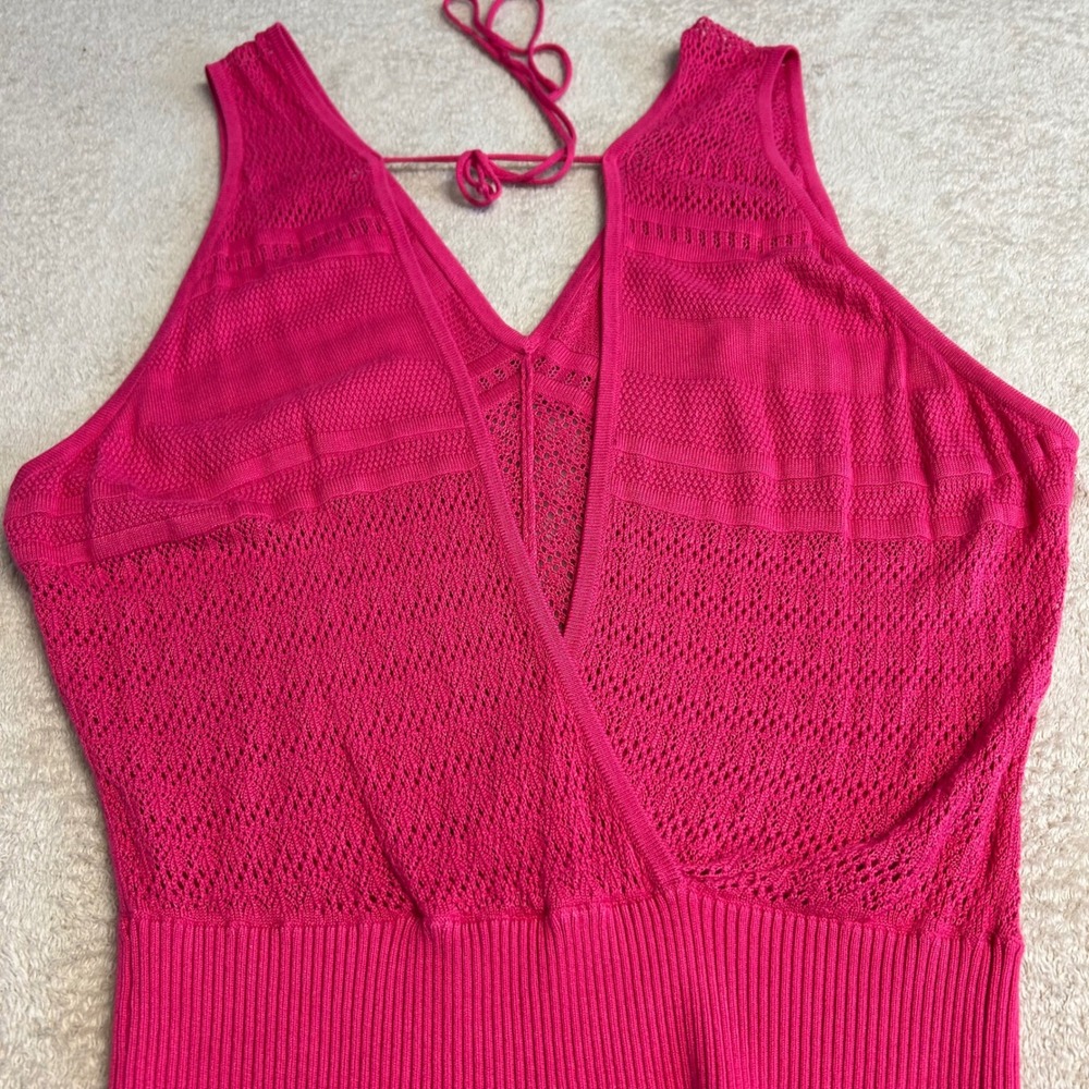 Do & Be Hot Pink Pointelle Knit V-Neck Wrap Back Tank Top Sleeveless Ribbed Hem - Picture 5 of 11